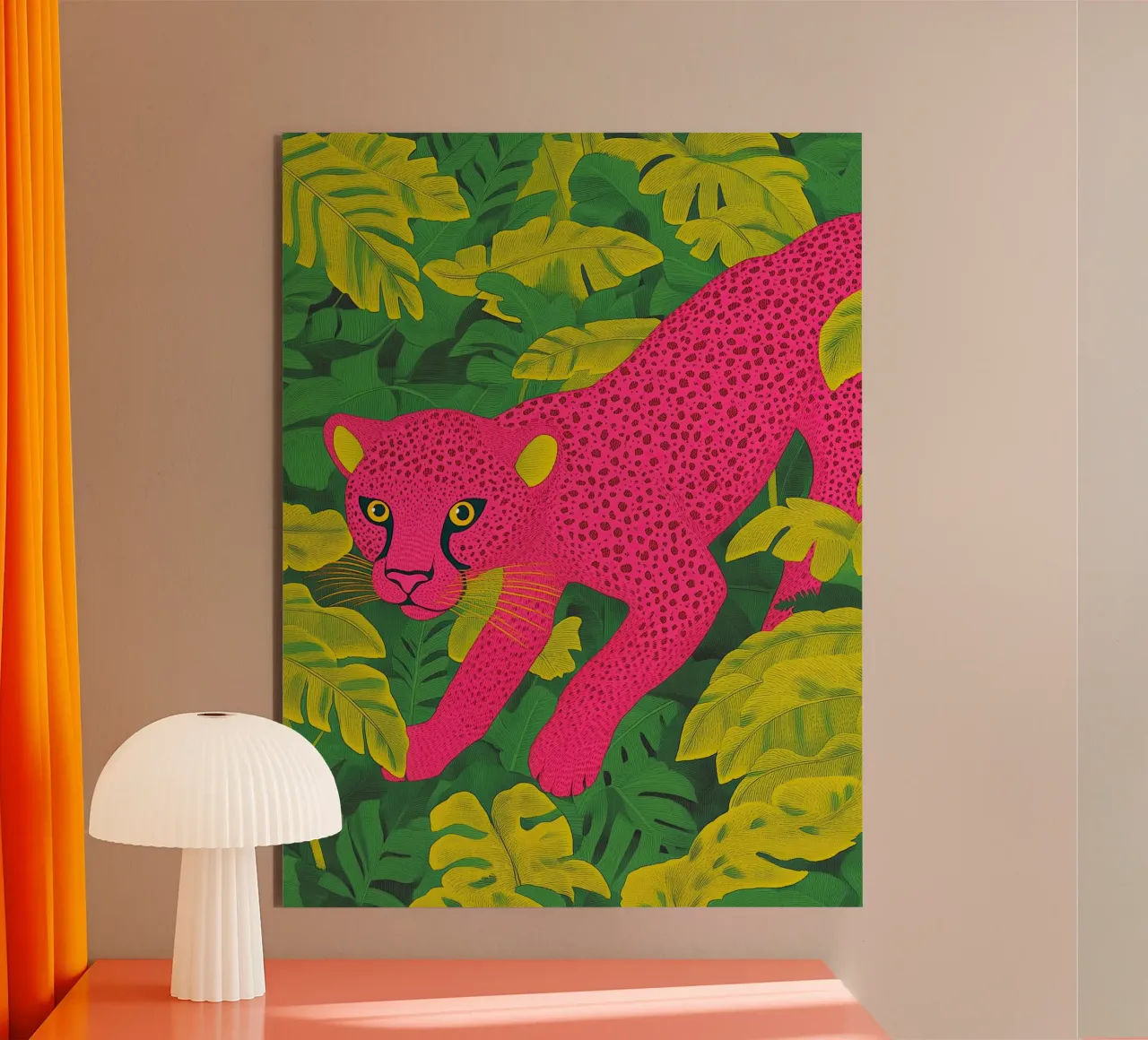Ghepardo rosa in una foresta tropicale - Un elegante safari pop art pannello forex da Kaji