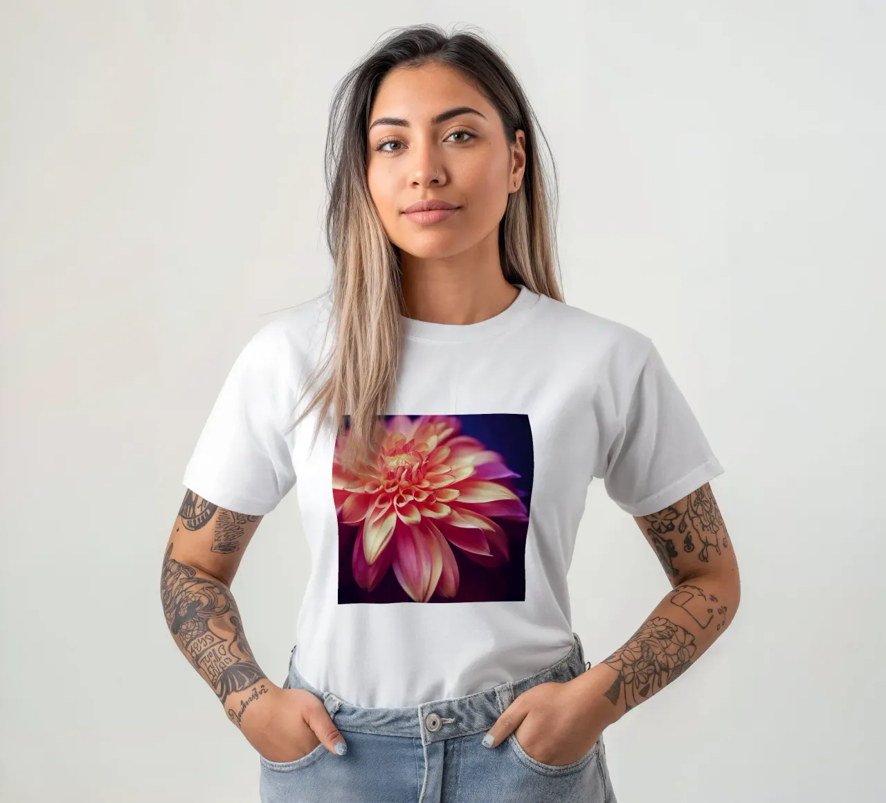 Macro Orange & Pink Dahlia Flower t-shirt by Bold Blooms