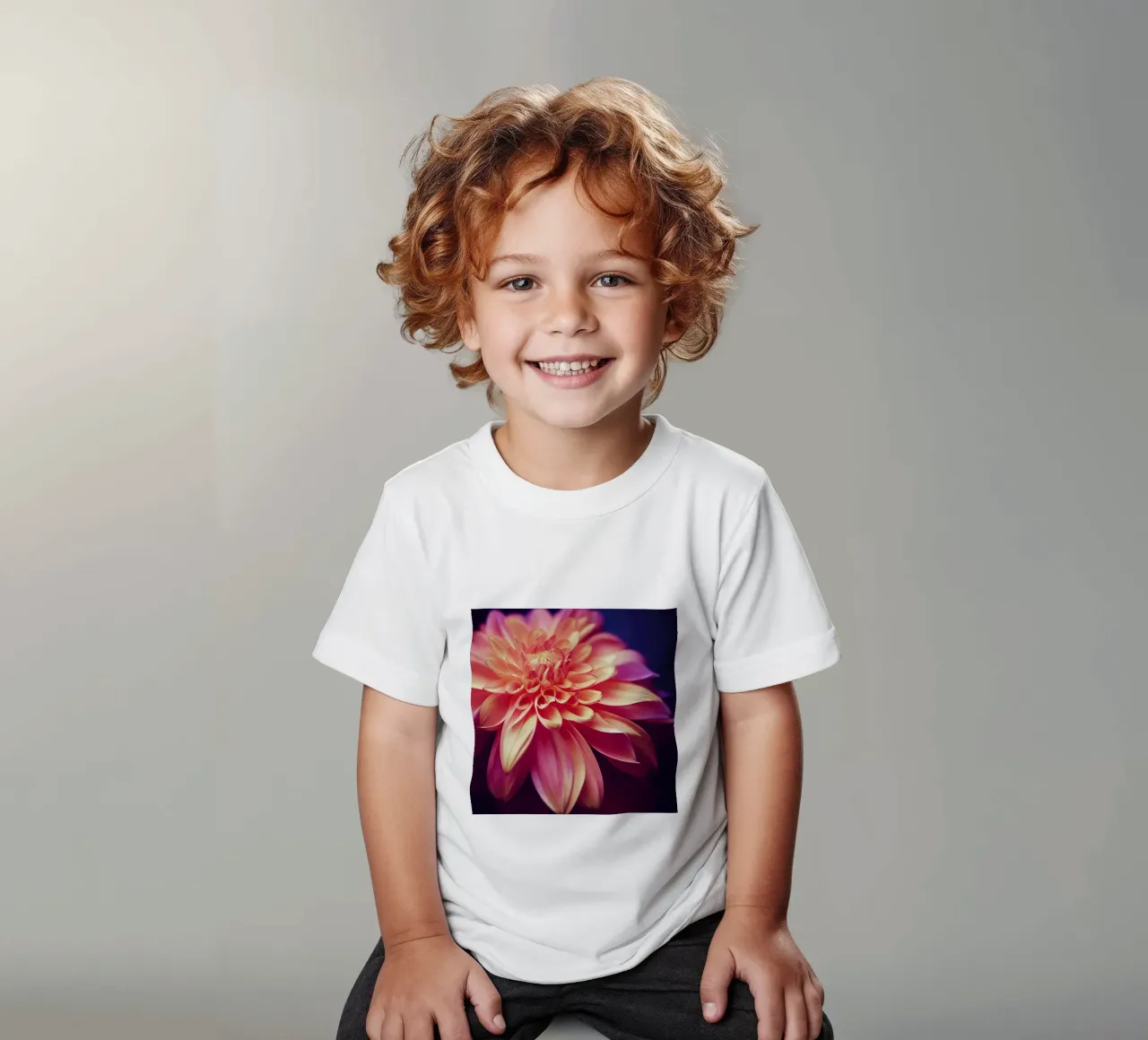 Macro Orange & Pink Dahlia Flower kids t-shirt by Bold Blooms