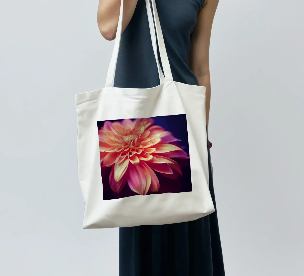 Macro Orange & Pink Dahlia Flower tote bag by Bold Blooms