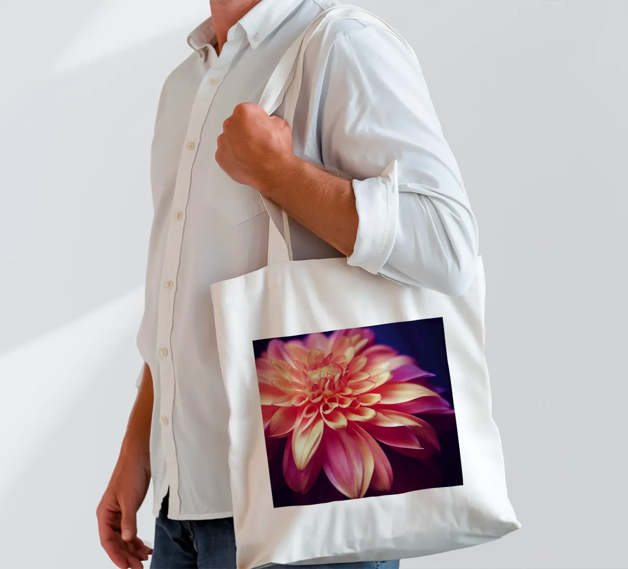 Macro Orange & Pink Dahlia Flower tote bag by Bold Blooms