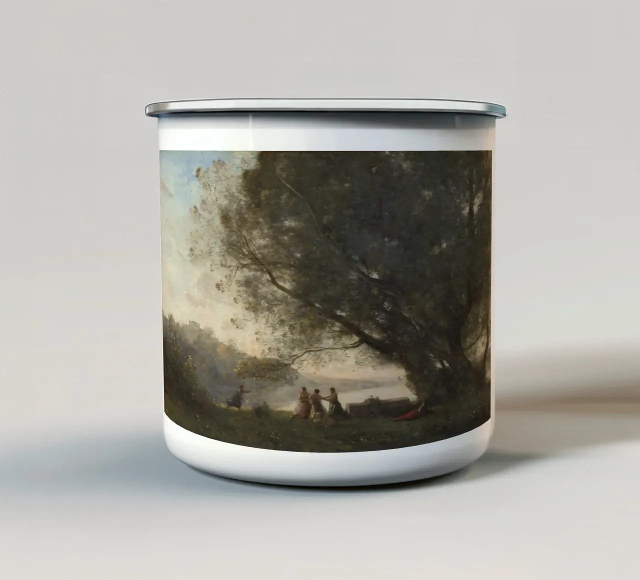 Tanz unter den Bäumen am Rande des Sees Emaille Tasse von Timeless Artworks