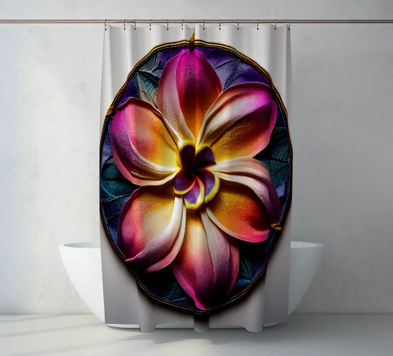 Macro fiore di plumeria tenda da doccia da Bold Blooms