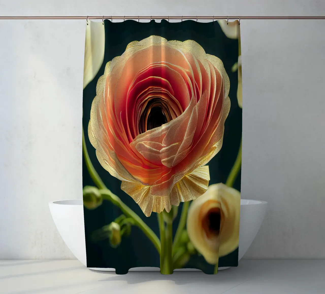 Macro fiore di ranuncolo tenda da doccia da Bold Blooms