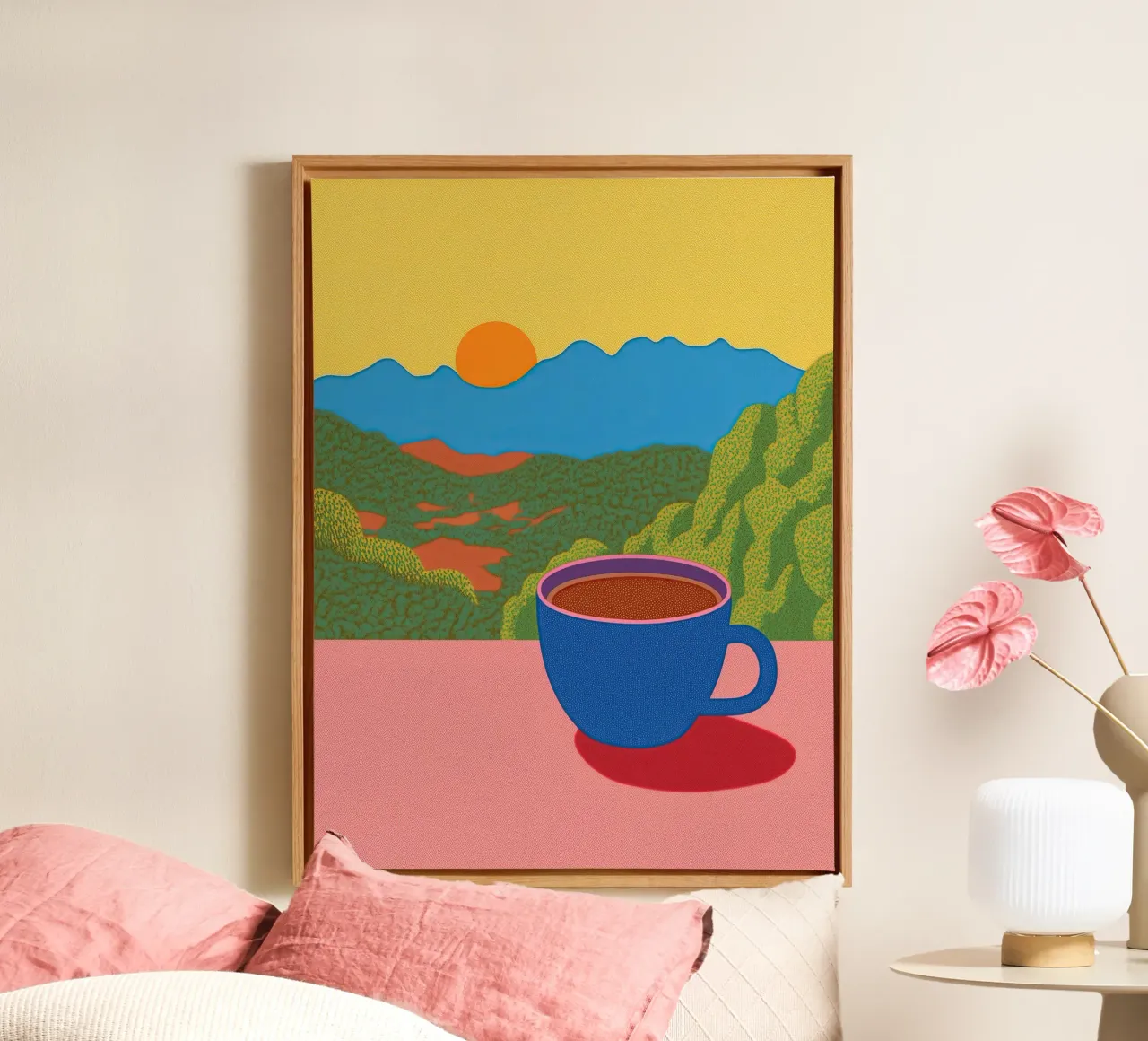 Caffè all'alba: Vista pastello sulle Blue Mountains - Accogliente Pop Art tela con Cornice a cassetta da Kaji