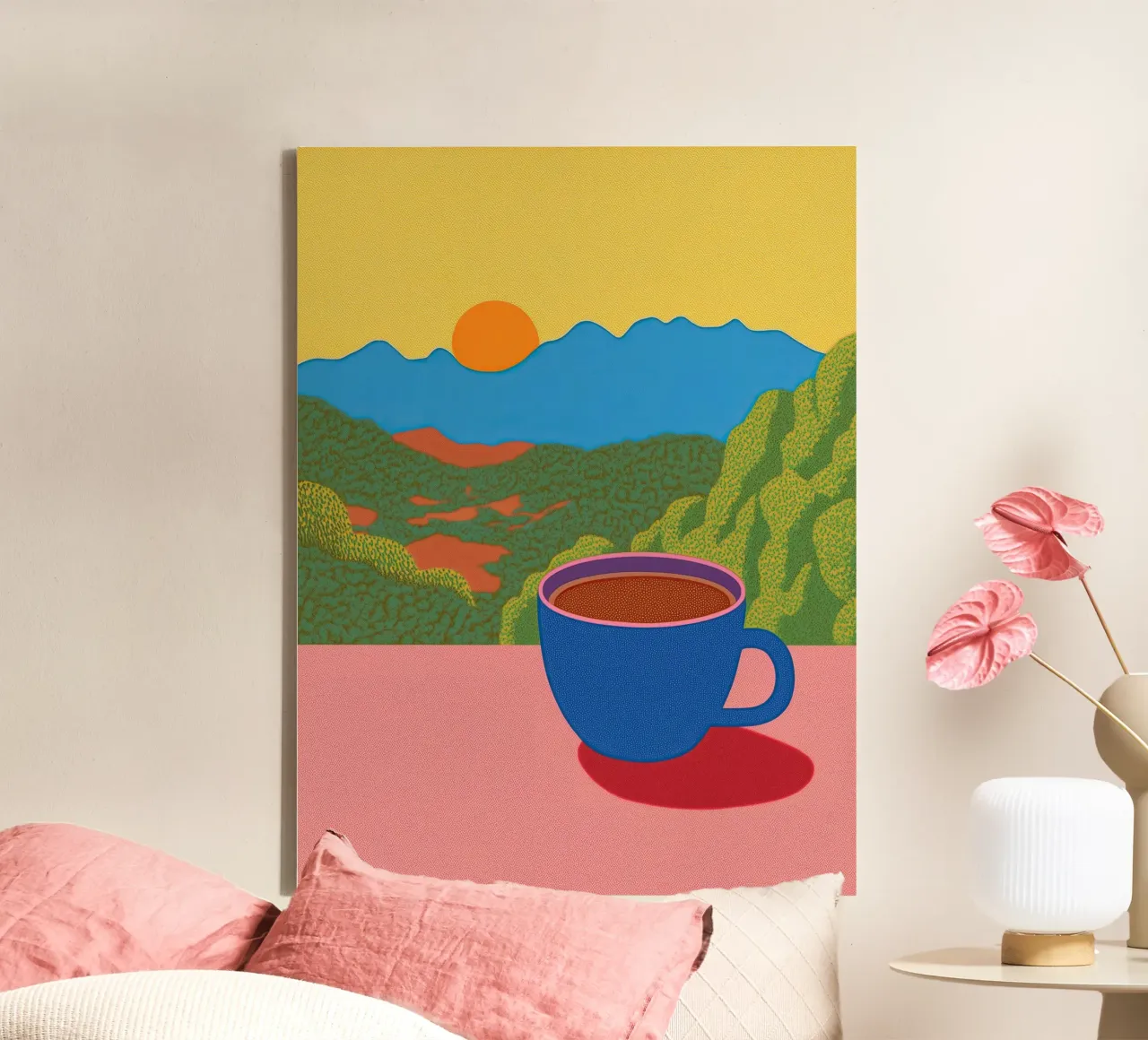 Caffè all'alba: Vista pastello sulle Blue Mountains - Accogliente Pop Art tela con Cornice a cassetta da Kaji