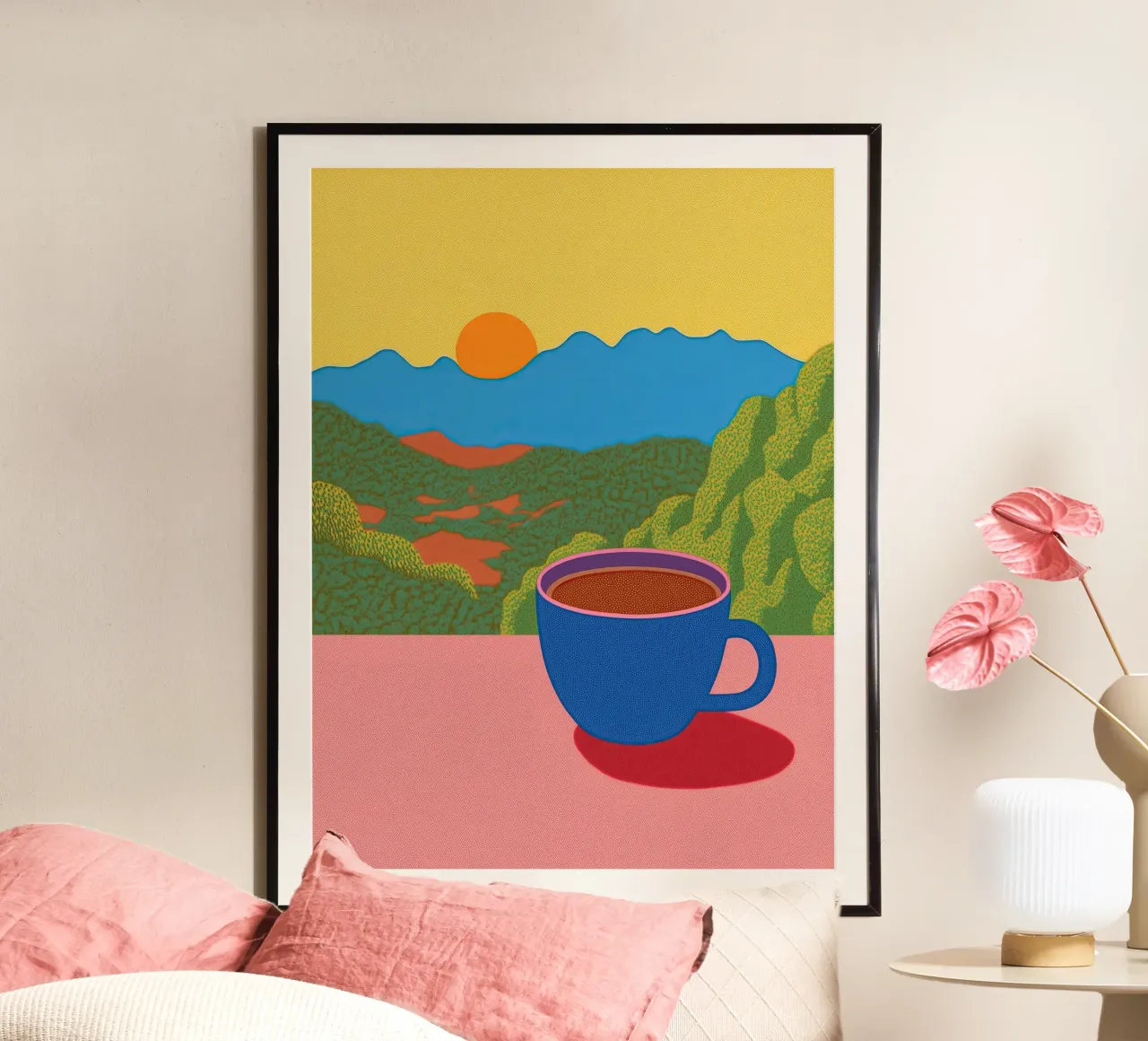 Caffè all'alba: Vista pastello sulle Blue Mountains - Accogliente Pop Art poster da Kaji