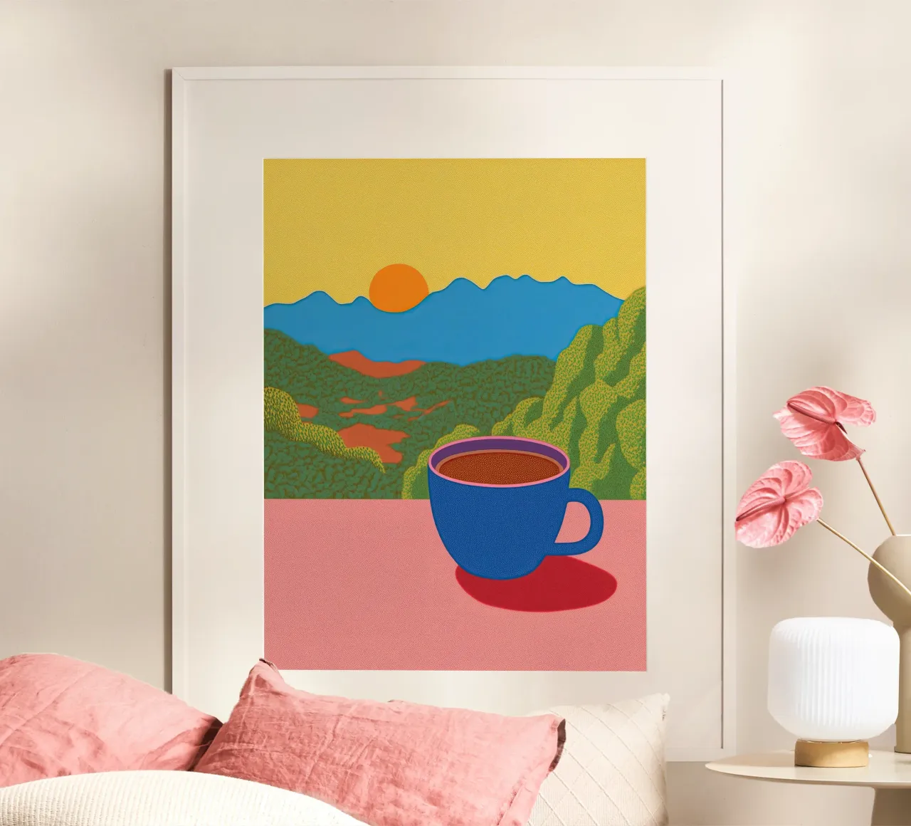 Caffè all'alba: Vista pastello sulle Blue Mountains - Accogliente Pop Art poster da Kaji