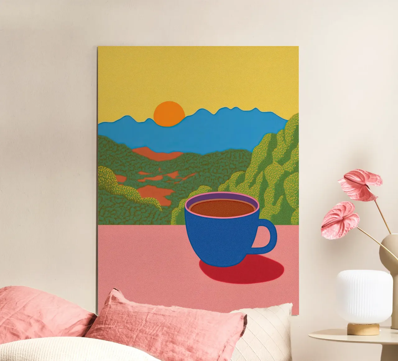 Caffè all'alba: Vista pastello sulle Blue Mountains - Accogliente Pop Art poster da Kaji