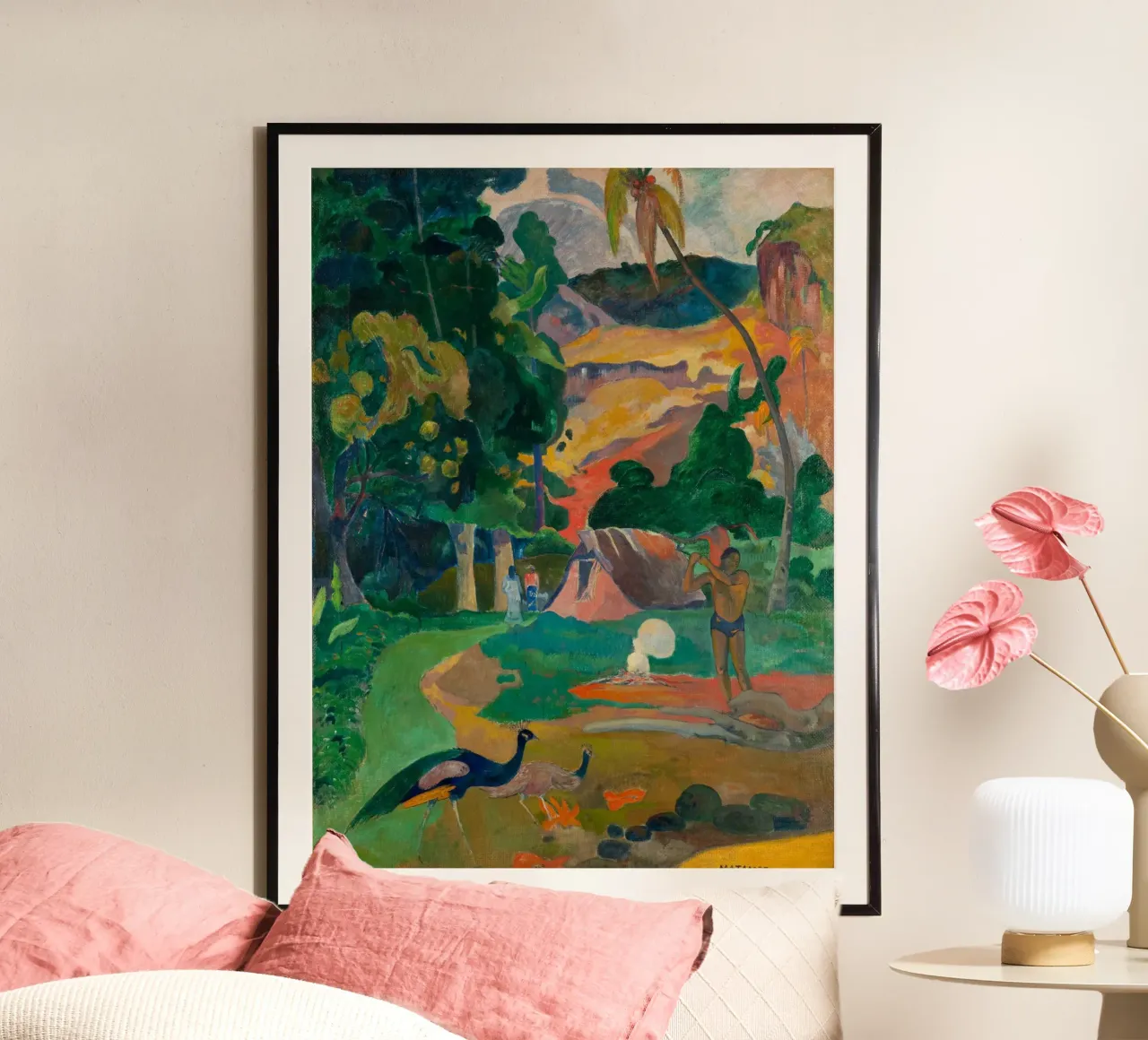 Paul Gauguin - Paesaggio con pavoni poster con telaio in legno da Timeless Artworks