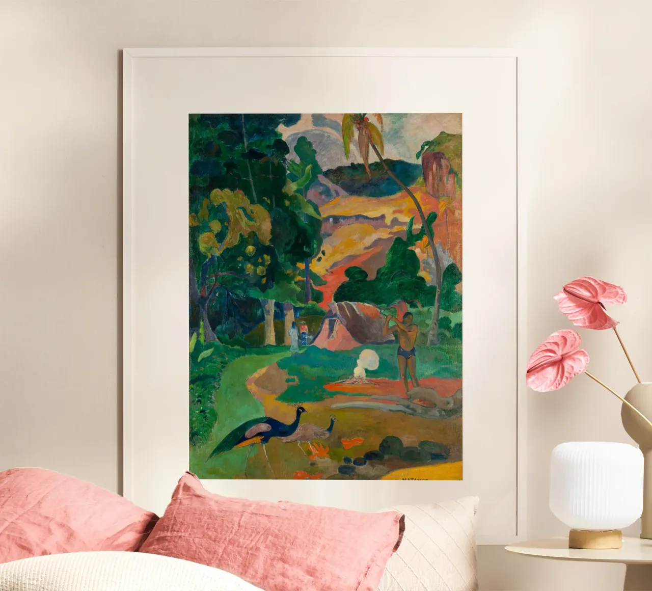 Paul Gauguin - Paesaggio con pavoni poster con telaio in legno da Timeless Artworks
