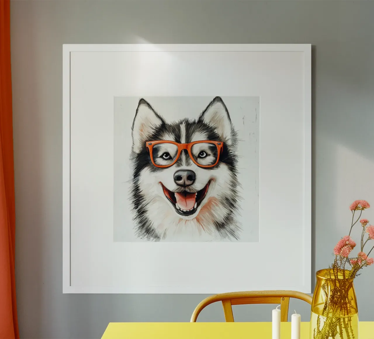 Divertente Alaskan Malamute con gli occhiali poster con telaio in legno da Funny Animals