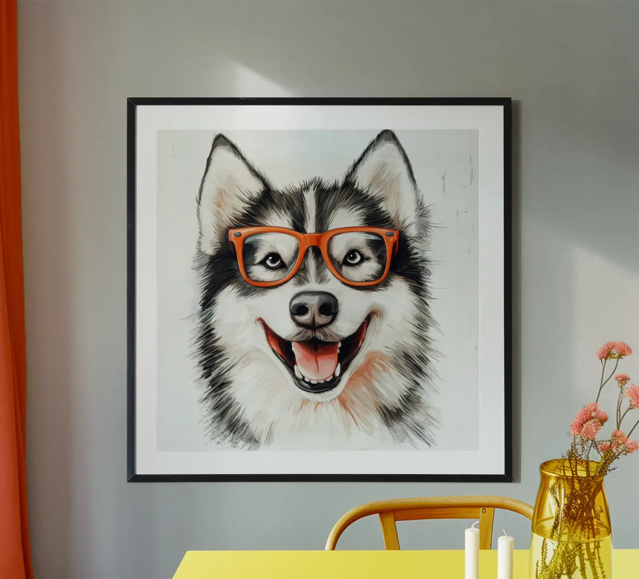 Divertente Alaskan Malamute con gli occhiali poster con telaio in legno da Funny Animals