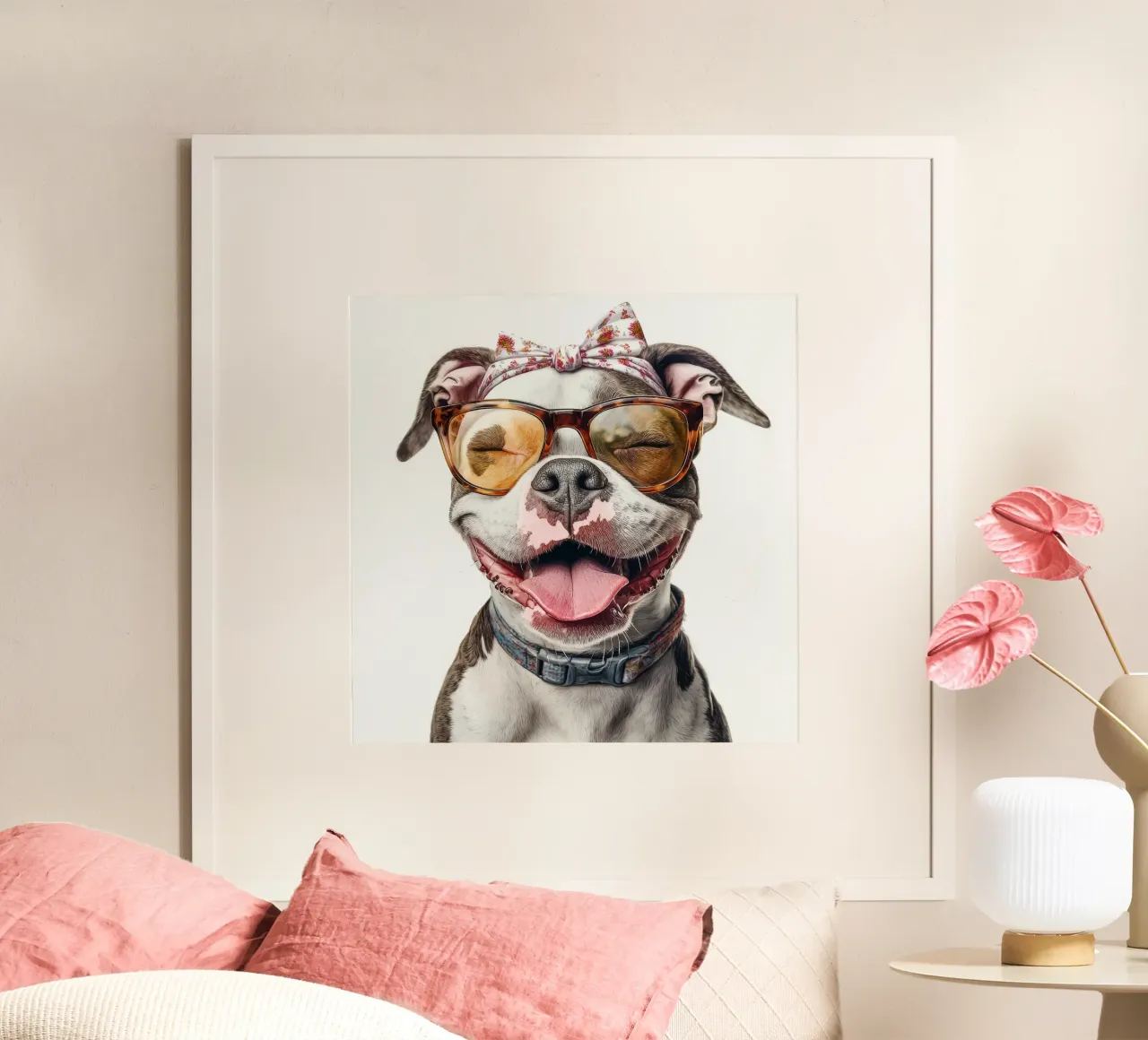 Divertente Pit Bull americano con gli occhiali poster con telaio in alluminio da Funny Animals
