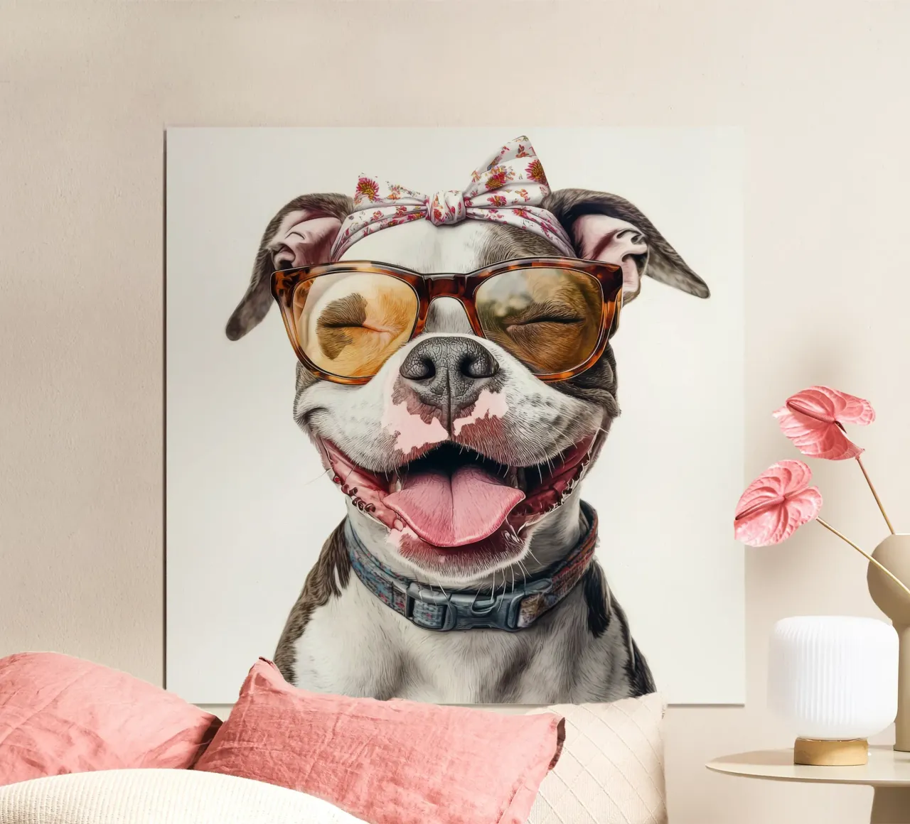 Divertente Pit Bull americano con gli occhiali poster con telaio in alluminio da Funny Animals