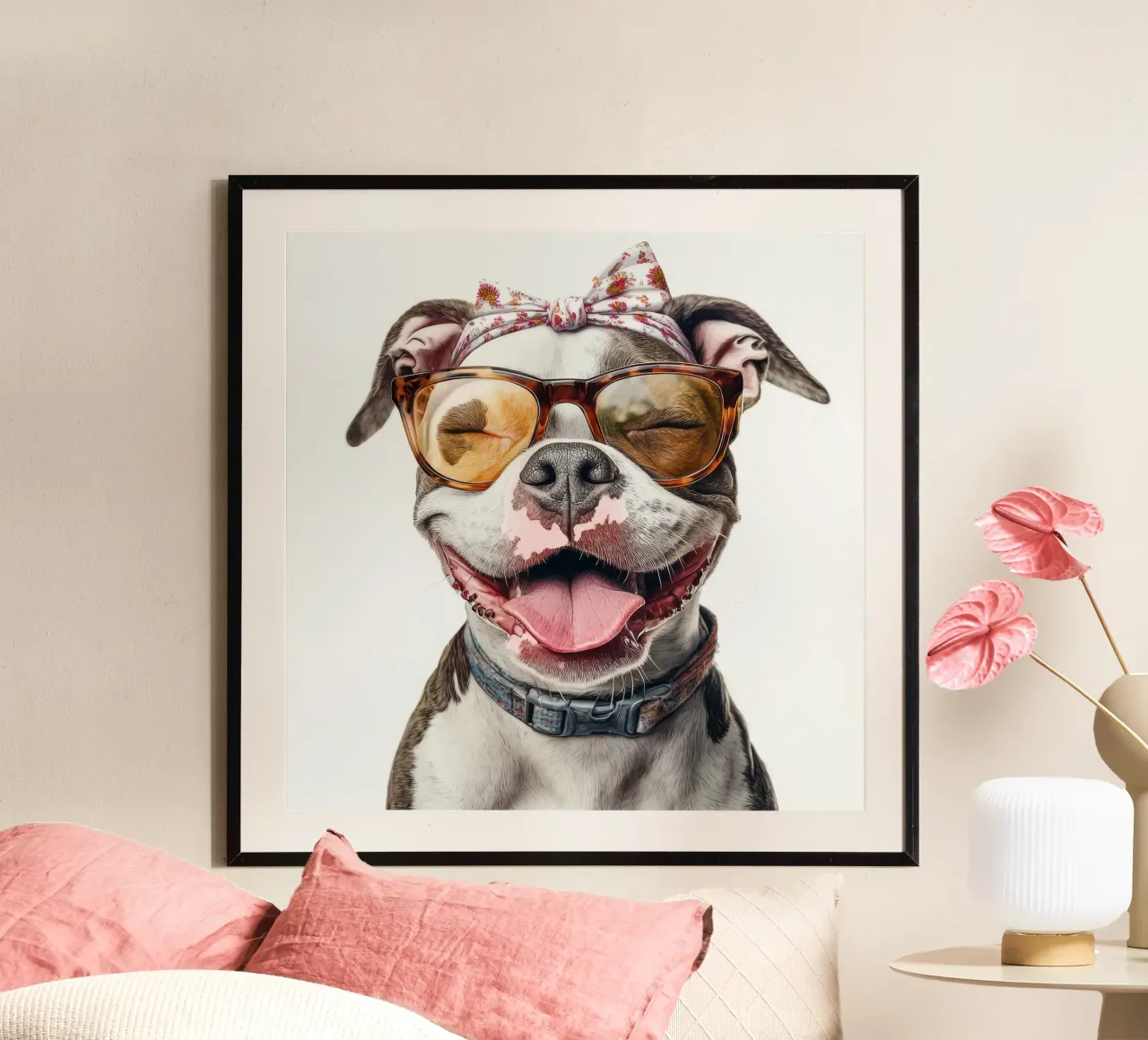 Divertente Pit Bull americano con gli occhiali poster con telaio in alluminio da Funny Animals