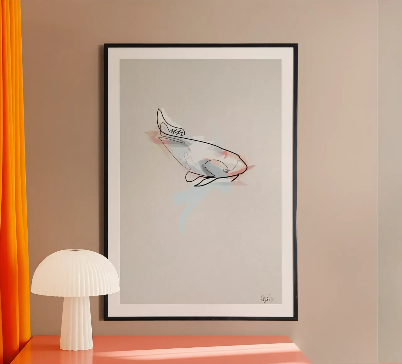 One Line Koi Fish poster con telaio in legno da Quibe