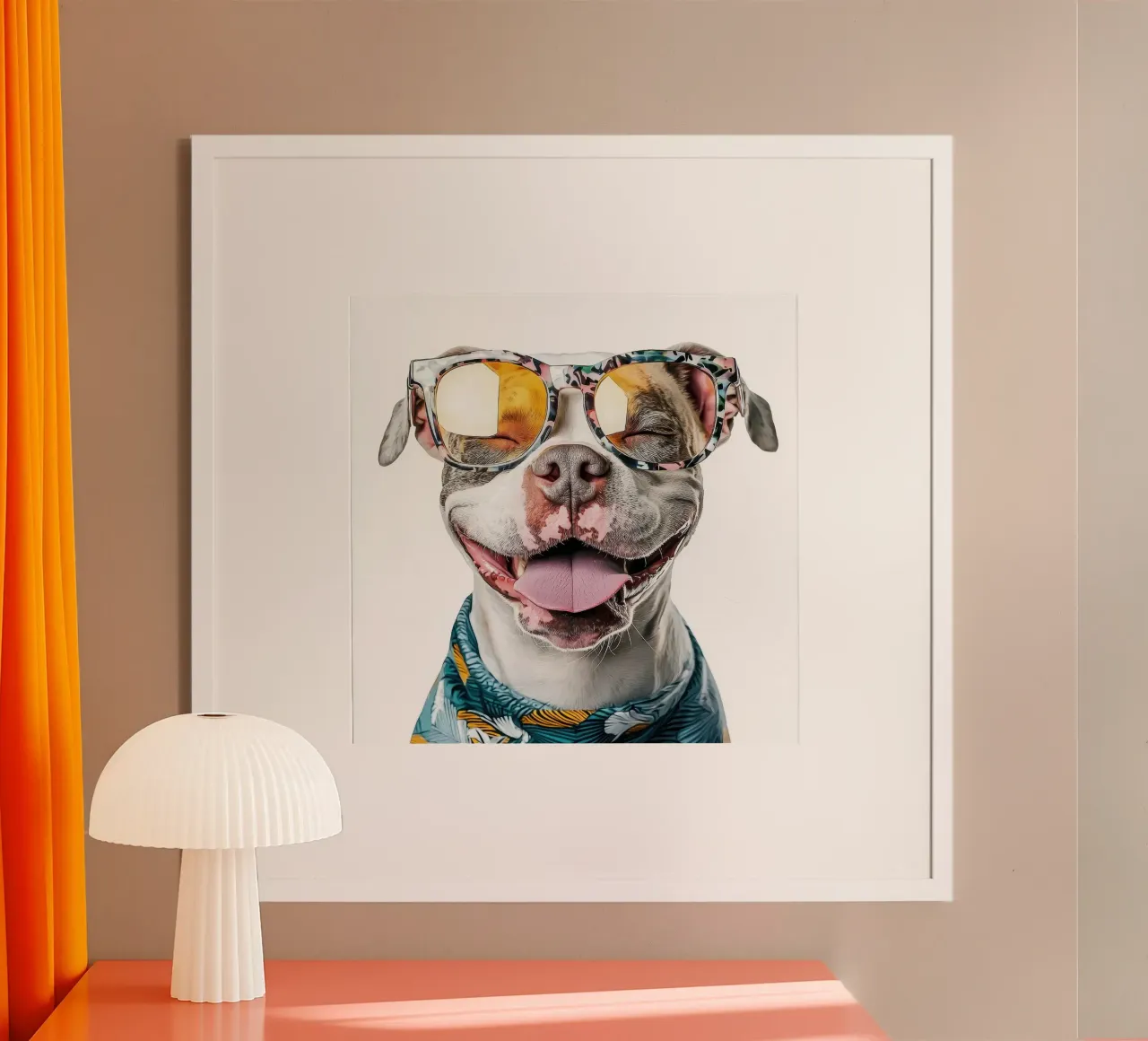 Divertente Pit Bull americano con gli occhiali poster con telaio in alluminio da Funny Animals