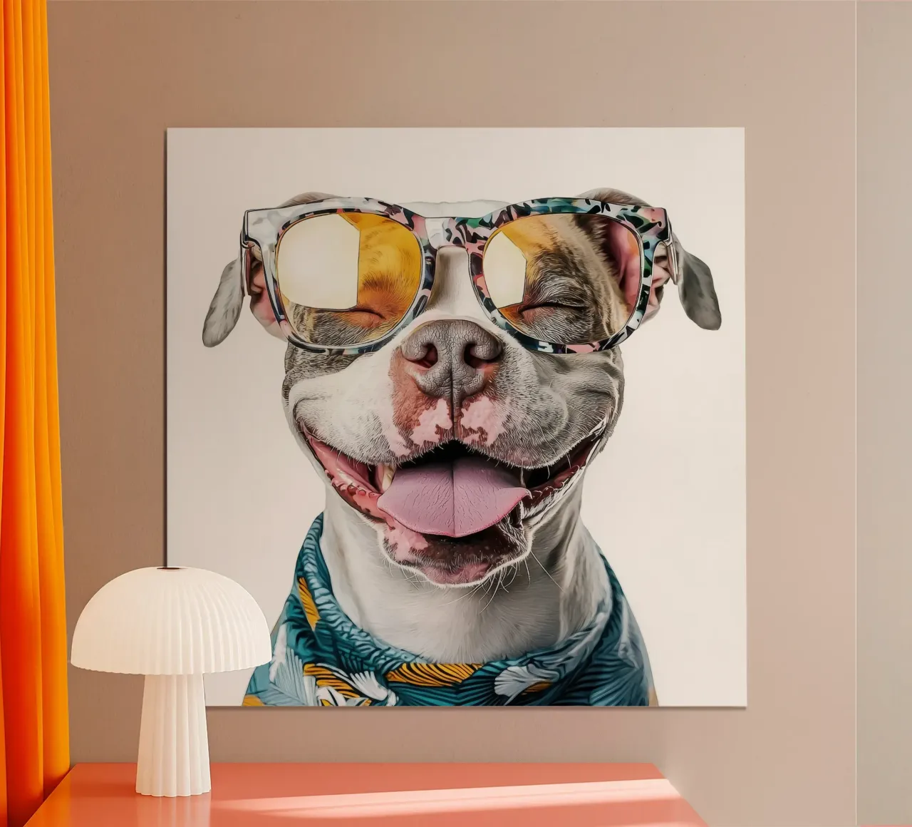 Divertente Pit Bull americano con gli occhiali poster con telaio in alluminio da Funny Animals