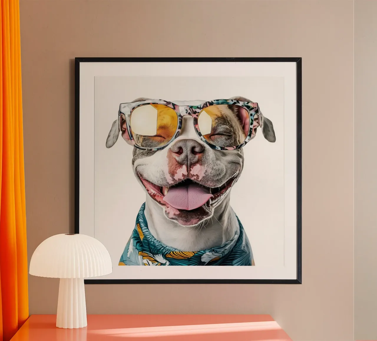 Divertente Pit Bull americano con gli occhiali poster con telaio in alluminio da Funny Animals