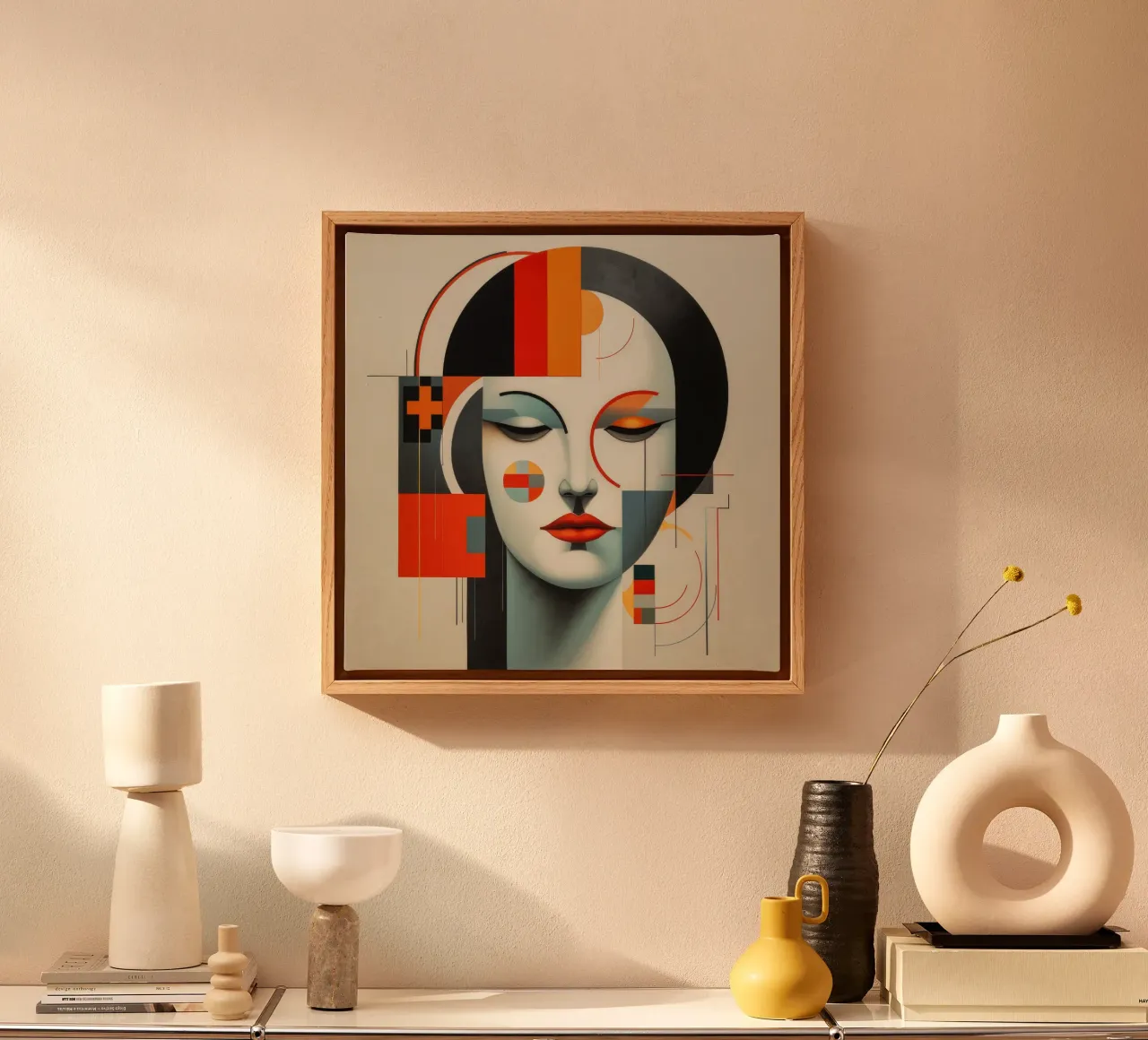 Abstrakte Bauhaus Finnische Frau Leinwand mit Schattenfugenrahmen von Artful Muse