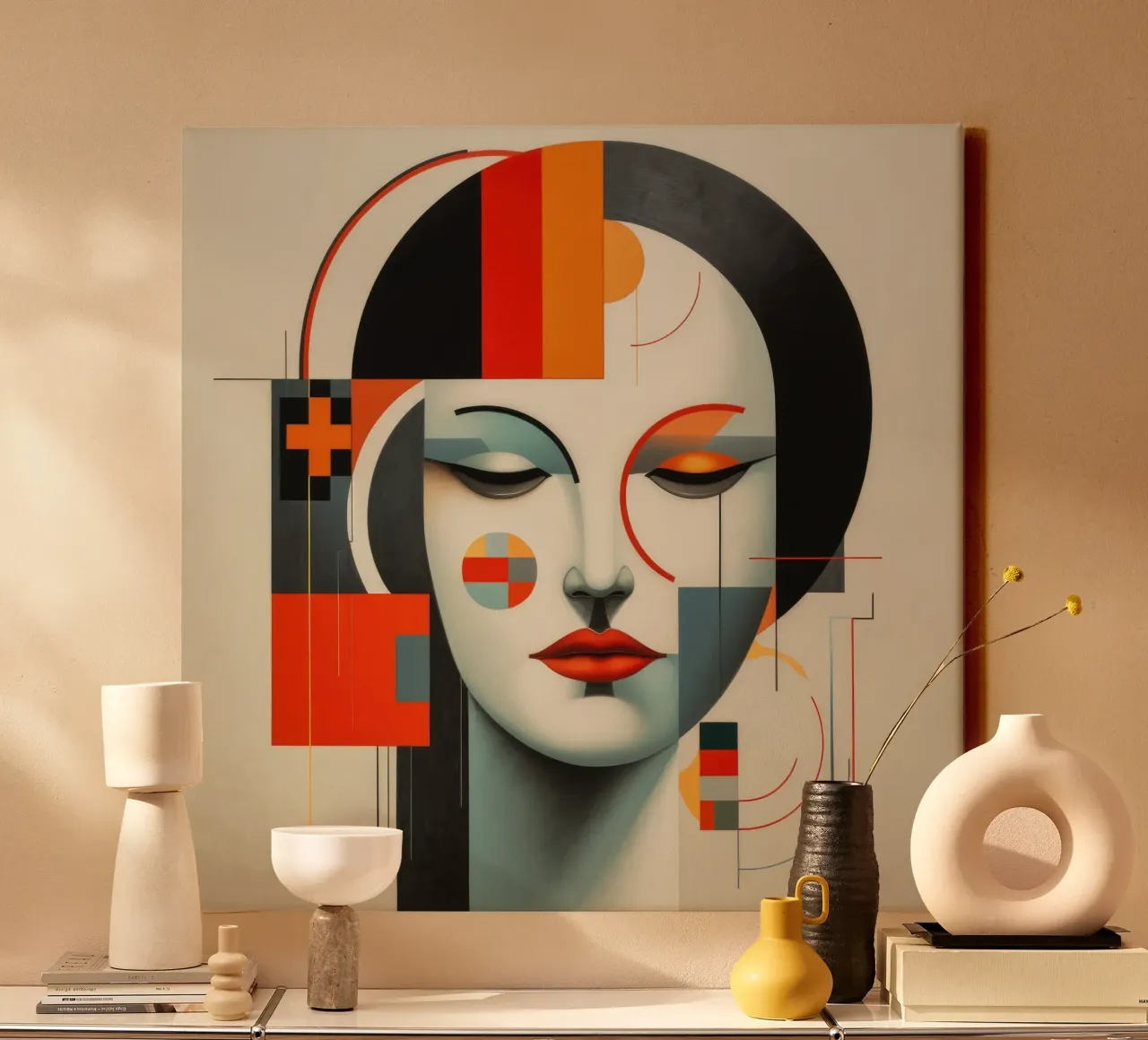 Abstrakte Bauhaus Finnische Frau Leinwand mit Schattenfugenrahmen von Artful Muse