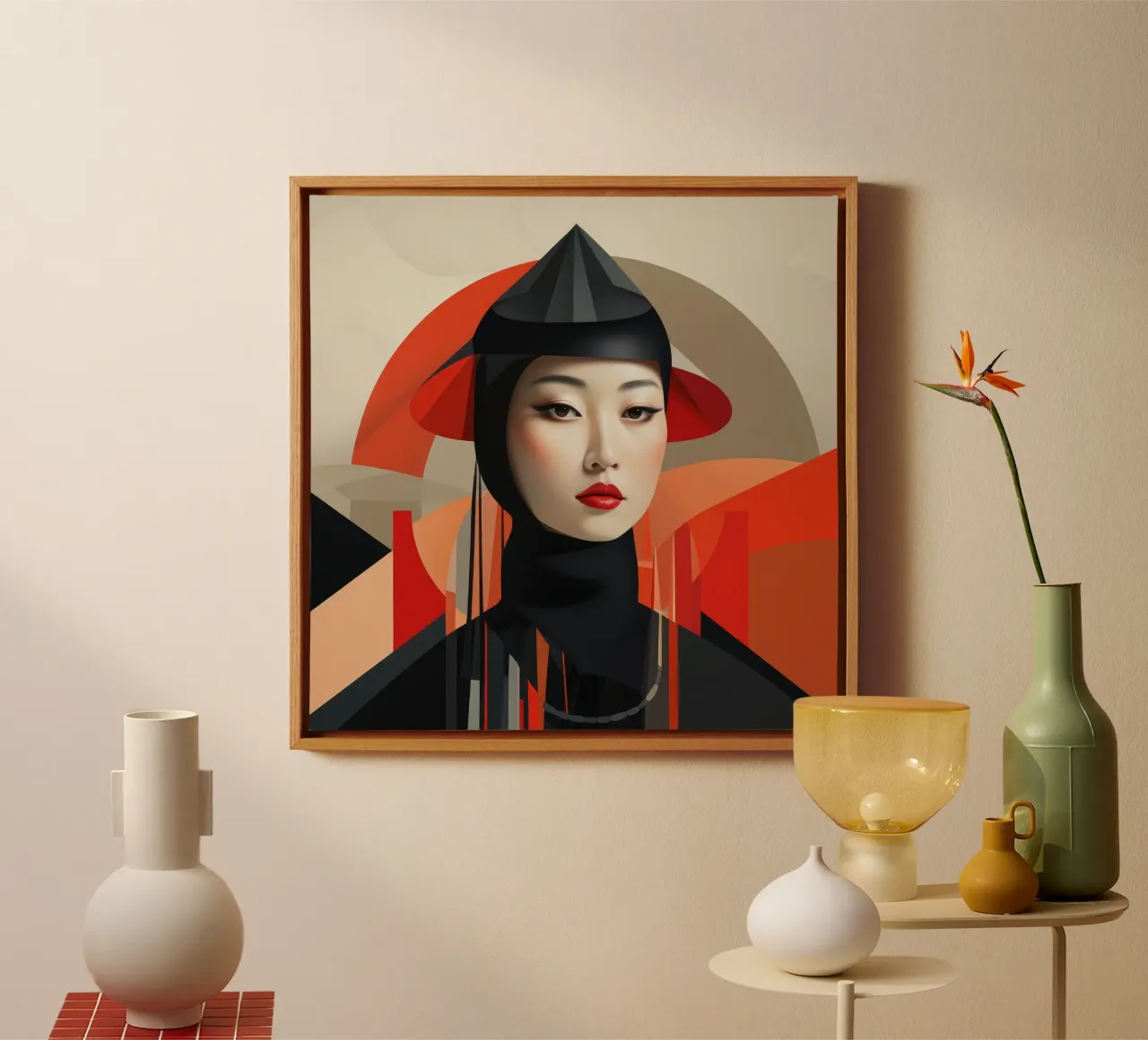 Abstracte Bauhaus Mongoolse vrouw canvas met Baklijst van Artful Muse