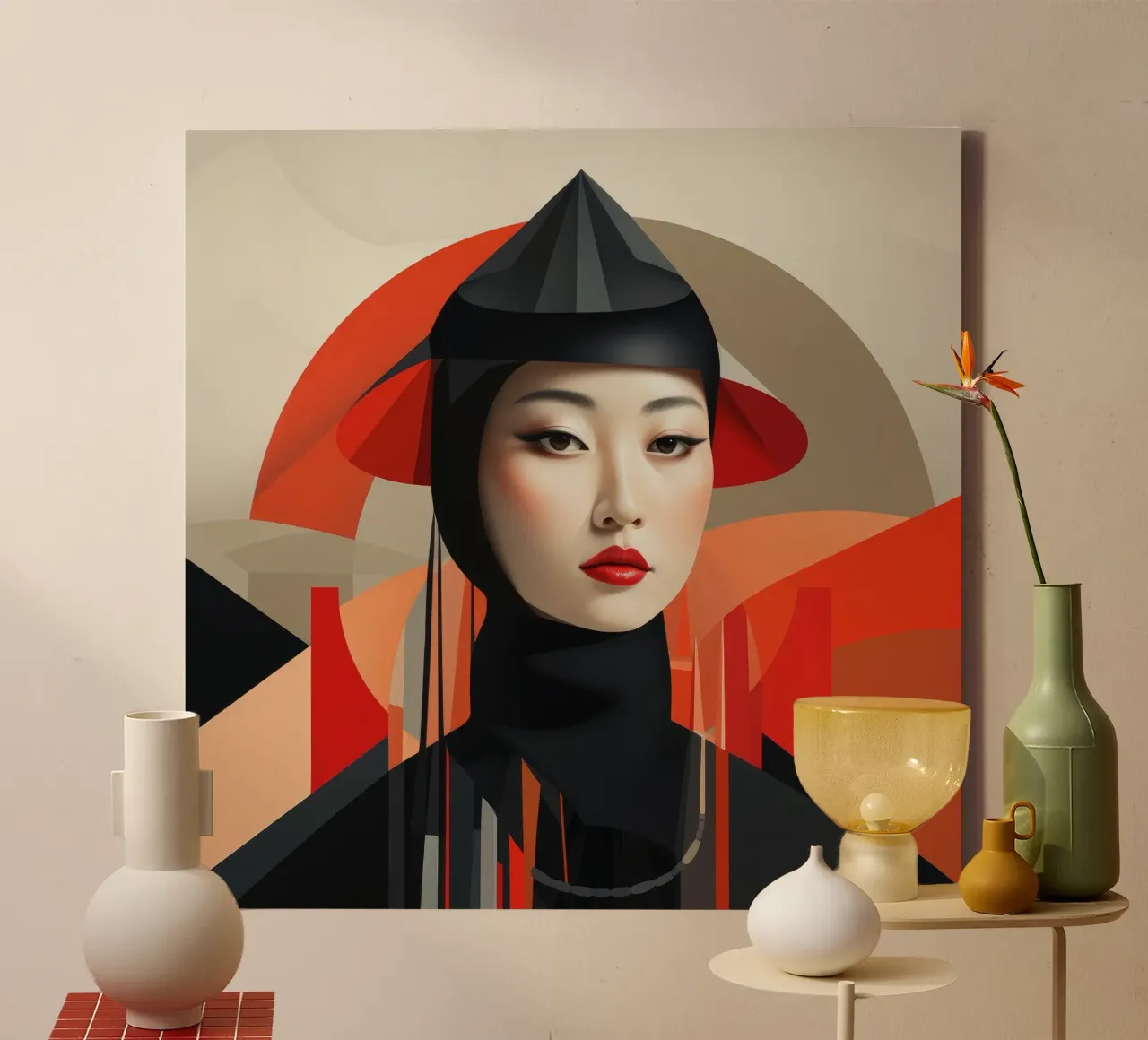 Abstracte Bauhaus Mongoolse vrouw canvas met Baklijst van Artful Muse