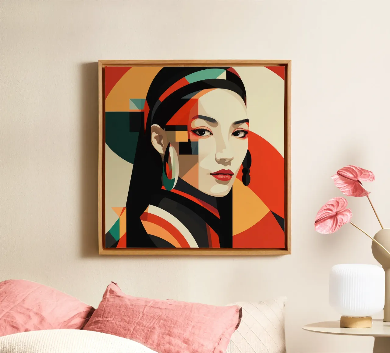 Abstracte Bauhaus Mongoolse vrouw canvas met Baklijst van Artful Muse