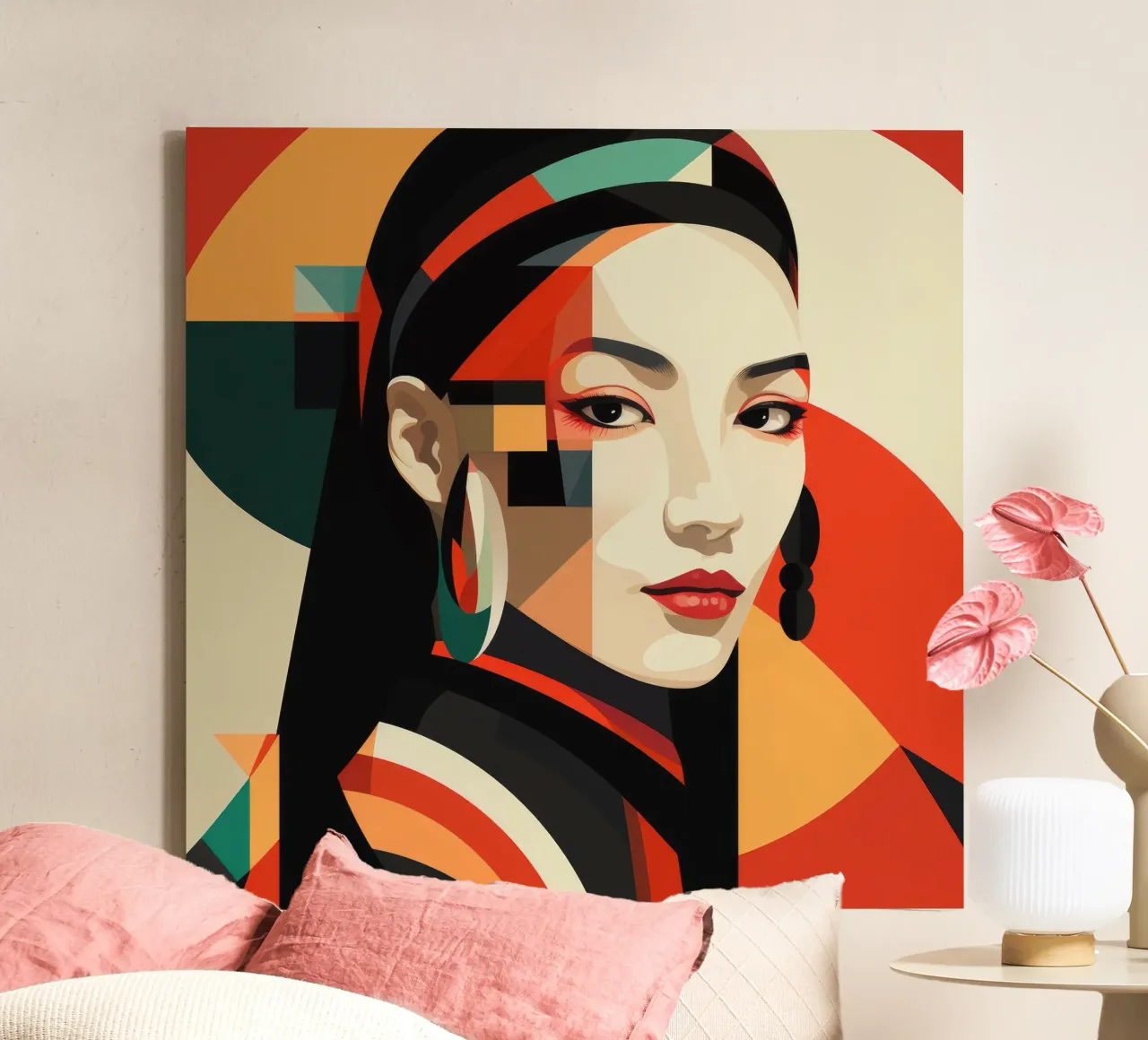 Abstracte Bauhaus Mongoolse vrouw canvas met Baklijst van Artful Muse