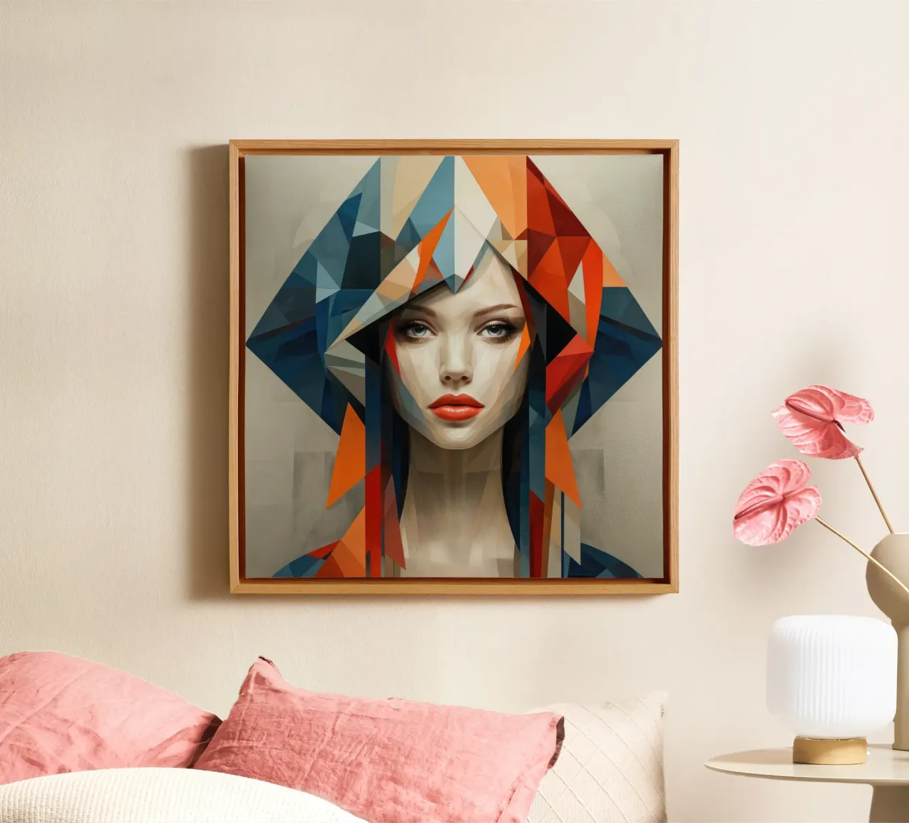Abstracte Geometrische Hongaarse Vrouw canvas met Baklijst van Artful Muse
