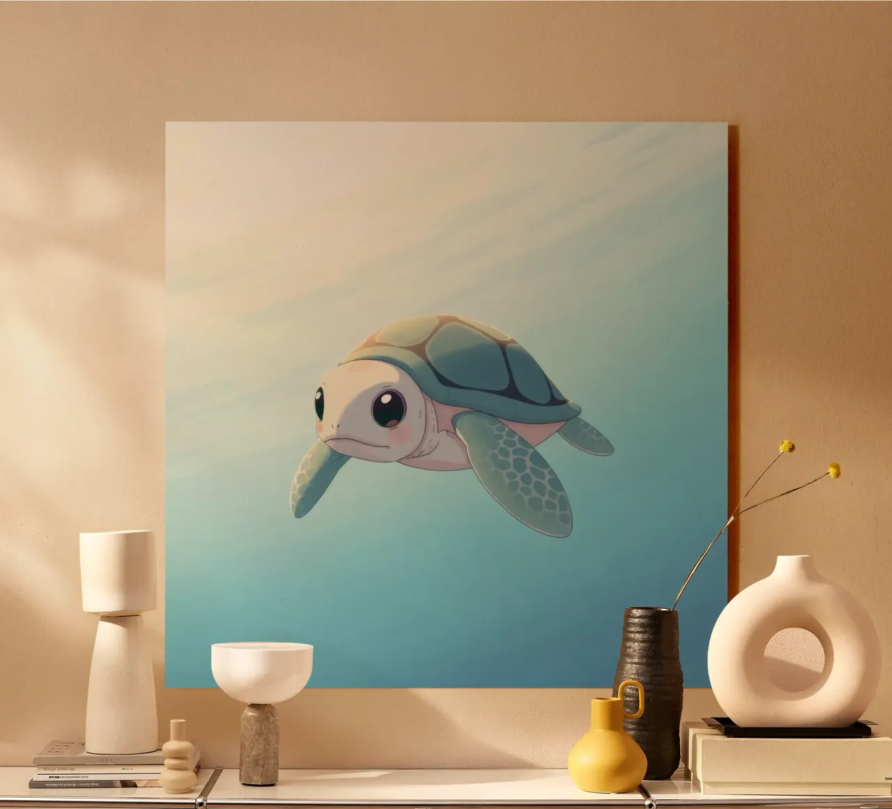 Niedliche Karikatur Meeresschildkröte schwimmt friedlich klares blaues Wasser Acryl-Glas von DesignDoodle