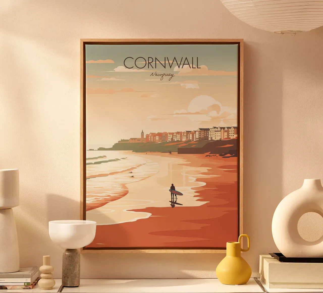 Cornovaglia, Inghilterra, Newquay Surfer Viaggi d'epoca tela con Cornice a cassetta da Peaches Art Prints
