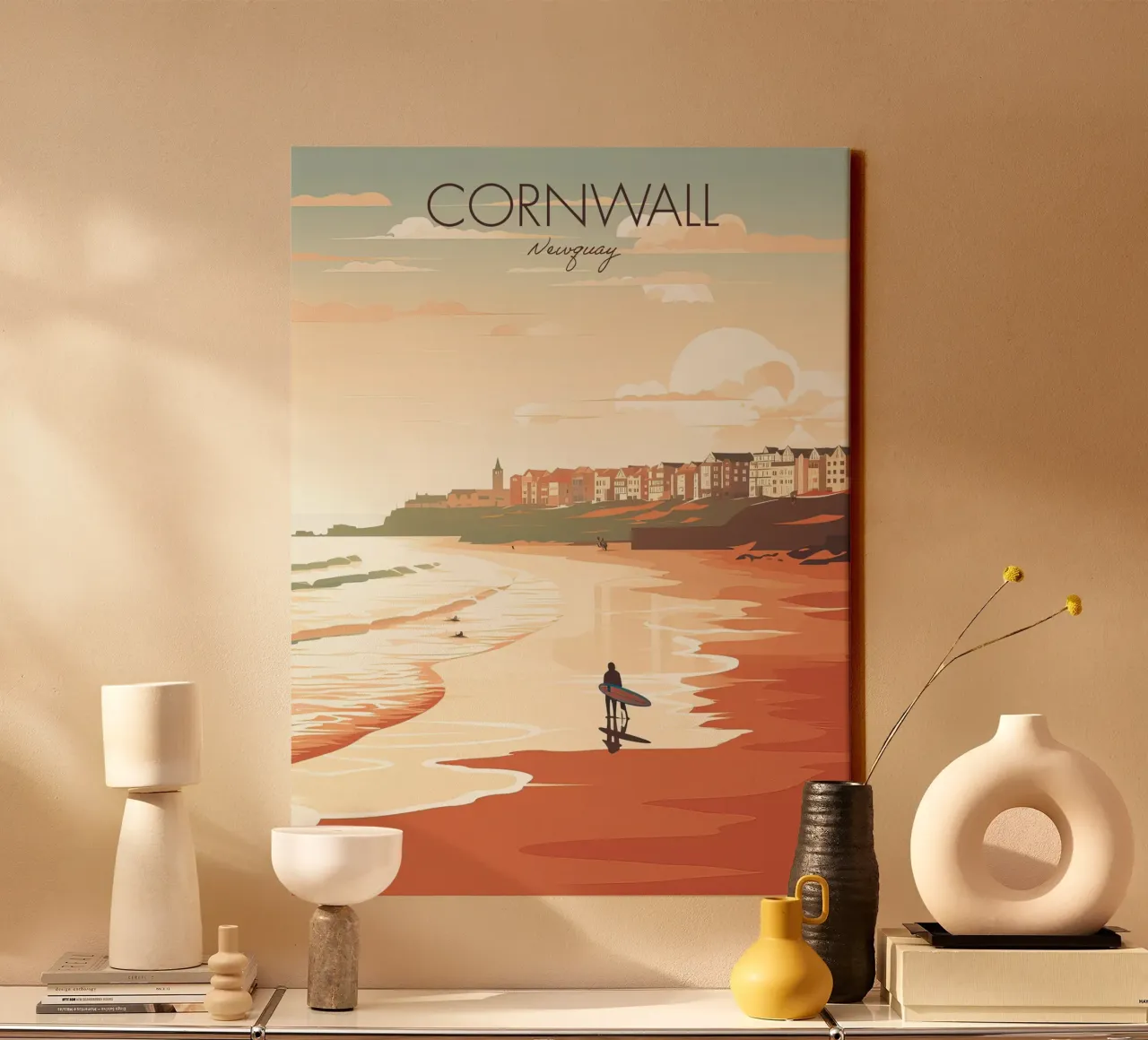 Cornovaglia, Inghilterra, Newquay Surfer Viaggi d'epoca tela con Cornice a cassetta da Peaches Art Prints