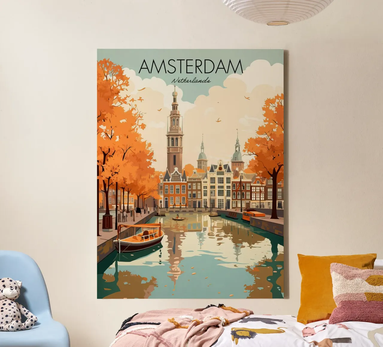 Amsterdam, Nederland, oude reisposter, uitzicht op de grachten canvas met Baklijst van Peaches Art Prints
