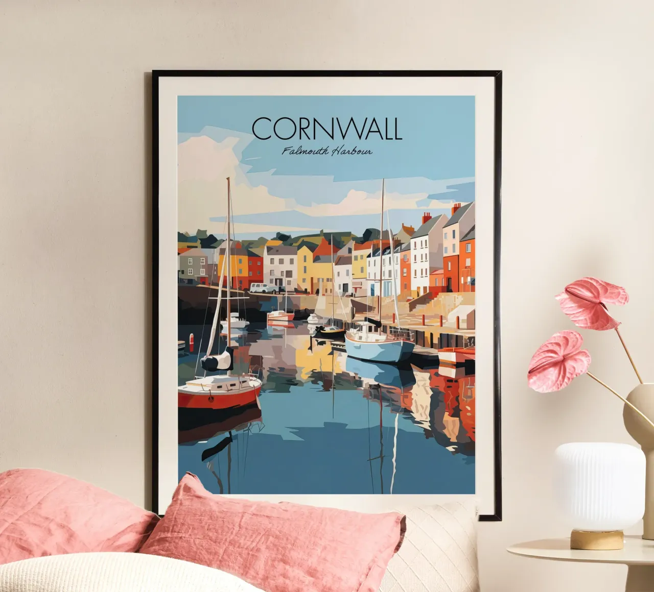 Cornovaglia, Inghilterra, Porto di Falmouth Barche Viaggio d'epoca poster con telaio in plastica da Peaches Art Prints