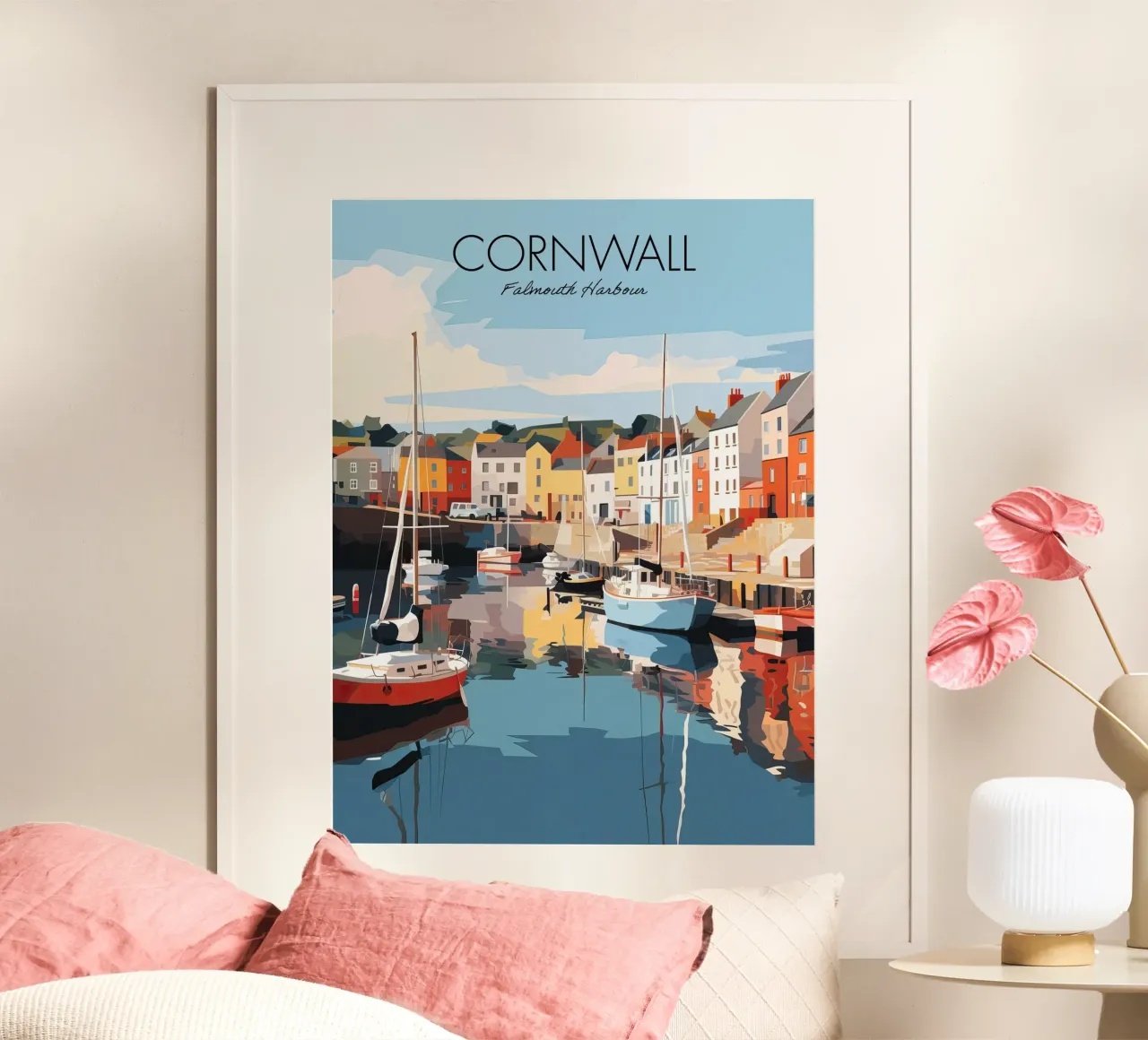 Cornovaglia, Inghilterra, Porto di Falmouth Barche Viaggio d'epoca poster con telaio in plastica da Peaches Art Prints