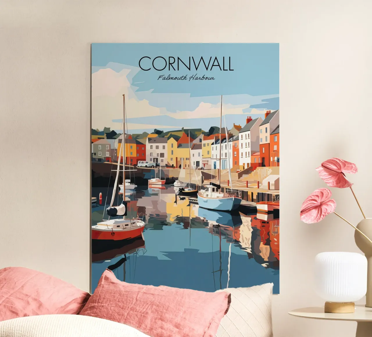Cornovaglia, Inghilterra, Porto di Falmouth Barche Viaggio d'epoca poster con telaio in plastica da Peaches Art Prints