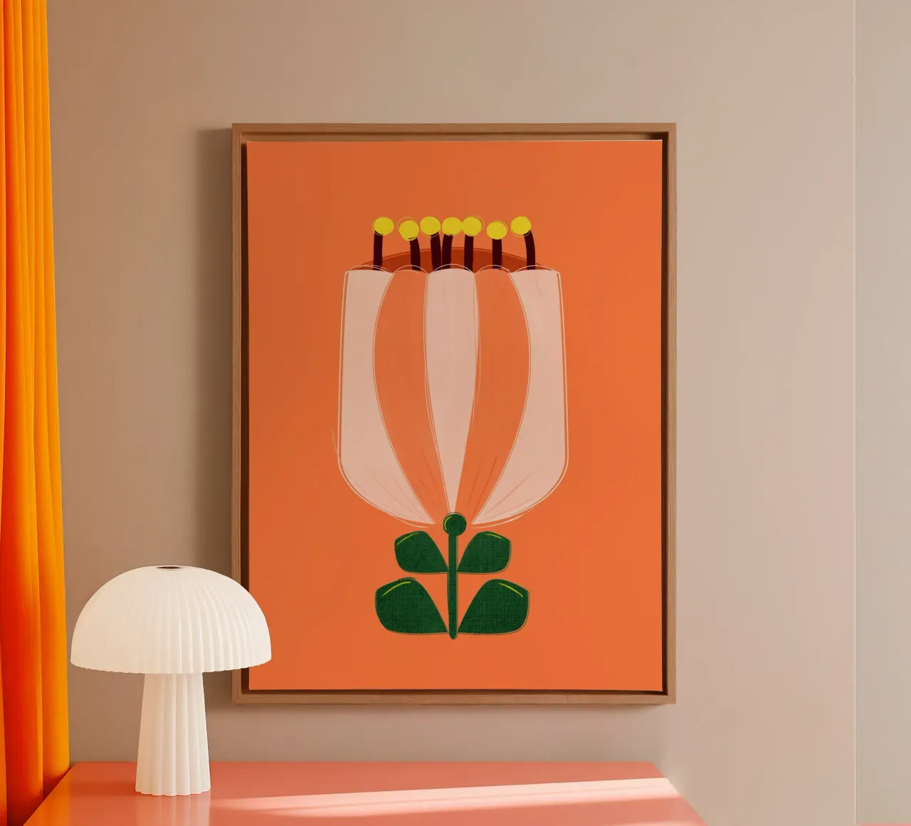 Minimalist Tulip Art Print - Orange and White tela con Cornice a cassetta da showmemars