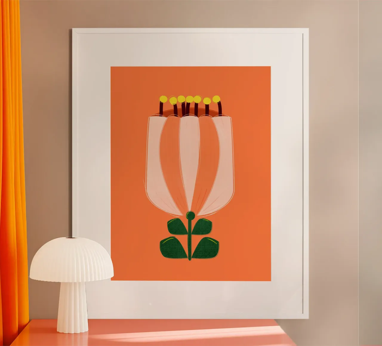 Minimalist Tulip Art Print - Orange and White poster met houten frame van showmemars