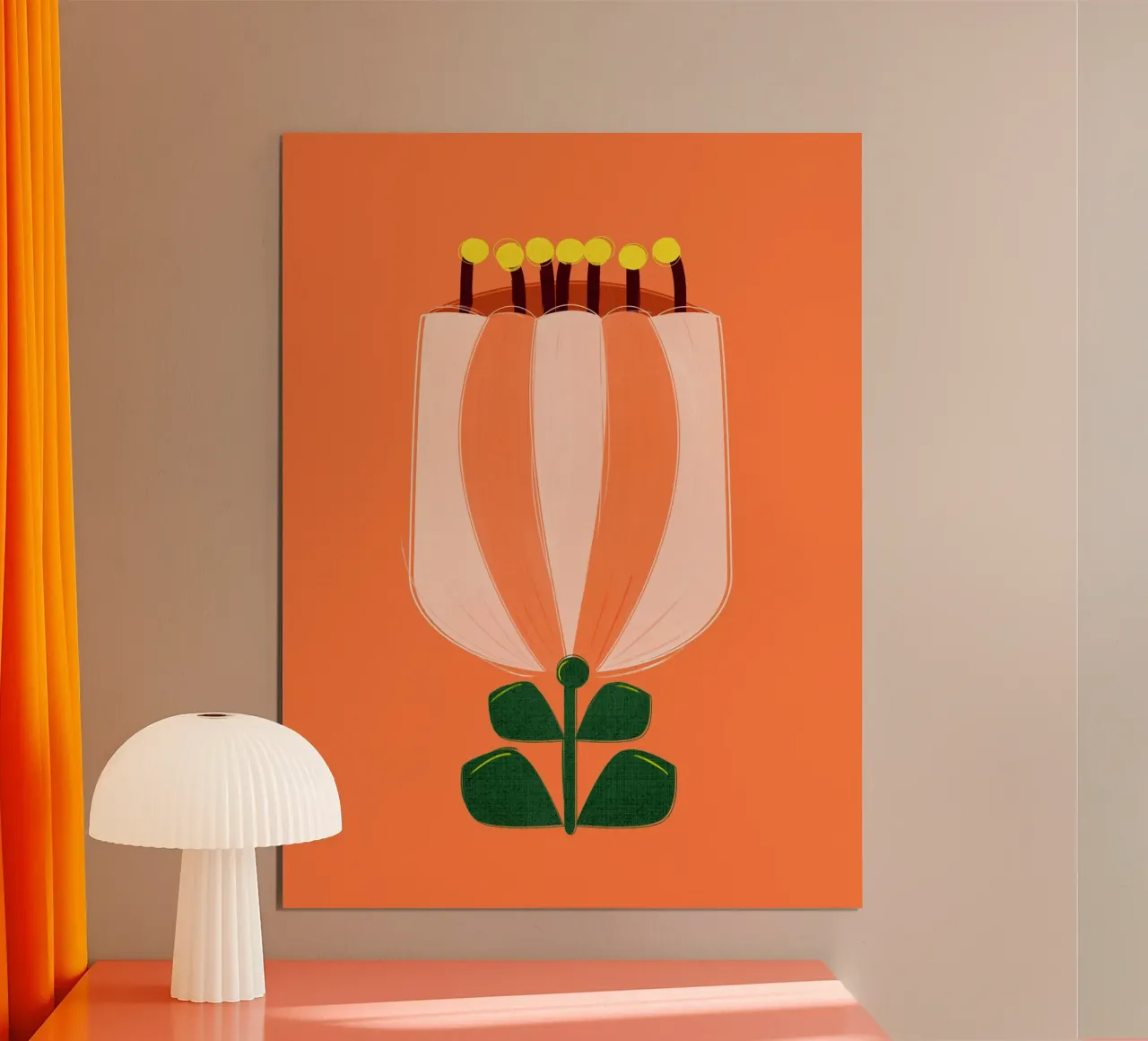 Minimalist Tulip Art Print - Orange and White poster met houten frame van showmemars