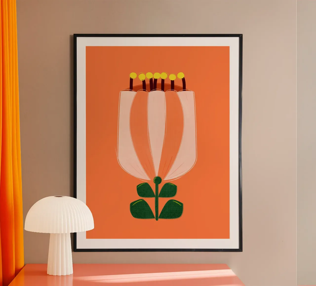 Minimalist Tulip Art Print - Orange and White poster met houten frame van showmemars