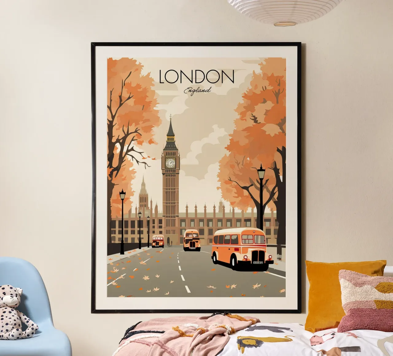 Londra, Inghilterra, Big Ben, Autunno Viaggio d'epoca poster con telaio in legno da Peaches Art Prints