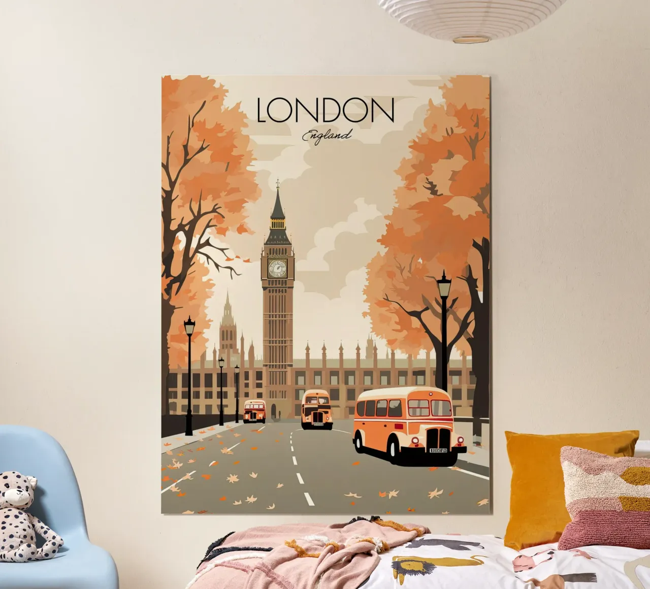 Londra, Inghilterra, Big Ben, Autunno Viaggio d'epoca poster con telaio in legno da Peaches Art Prints