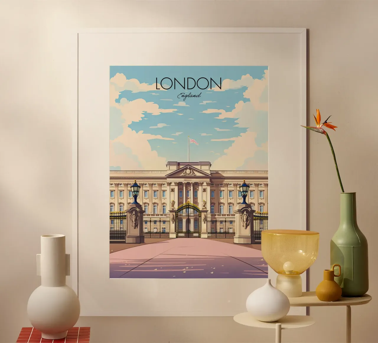 Buckingham, Palace, Londra, Inghilterra Viaggio d'epoca poster con telaio in alluminio da Peaches Art Prints