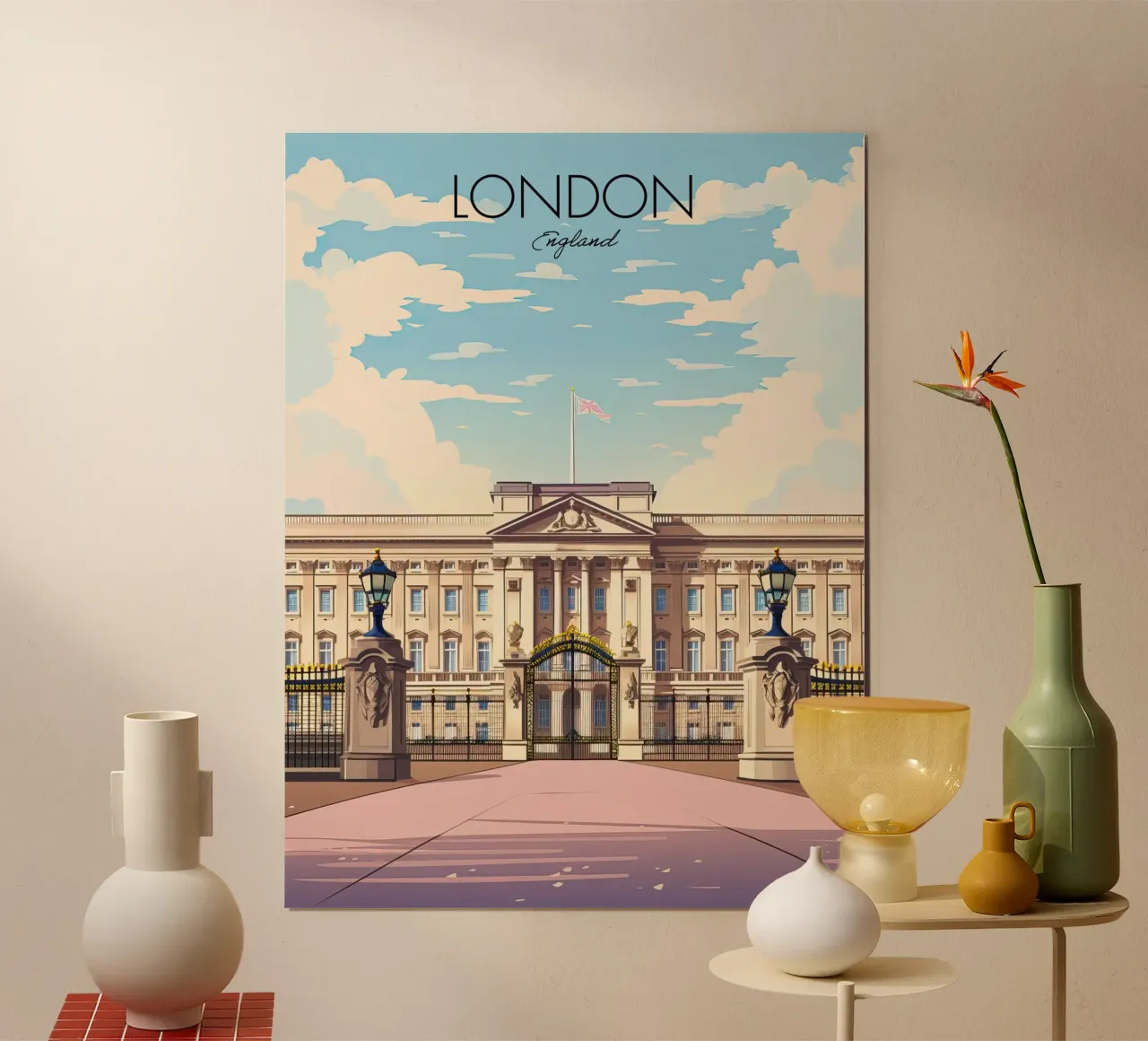 Buckingham, Palace, Londra, Inghilterra Viaggio d'epoca poster con telaio in alluminio da Peaches Art Prints