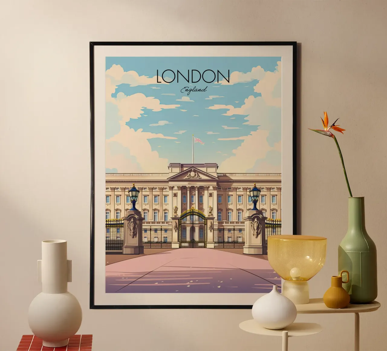 Buckingham, Palace, Londra, Inghilterra Viaggio d'epoca poster con telaio in alluminio da Peaches Art Prints