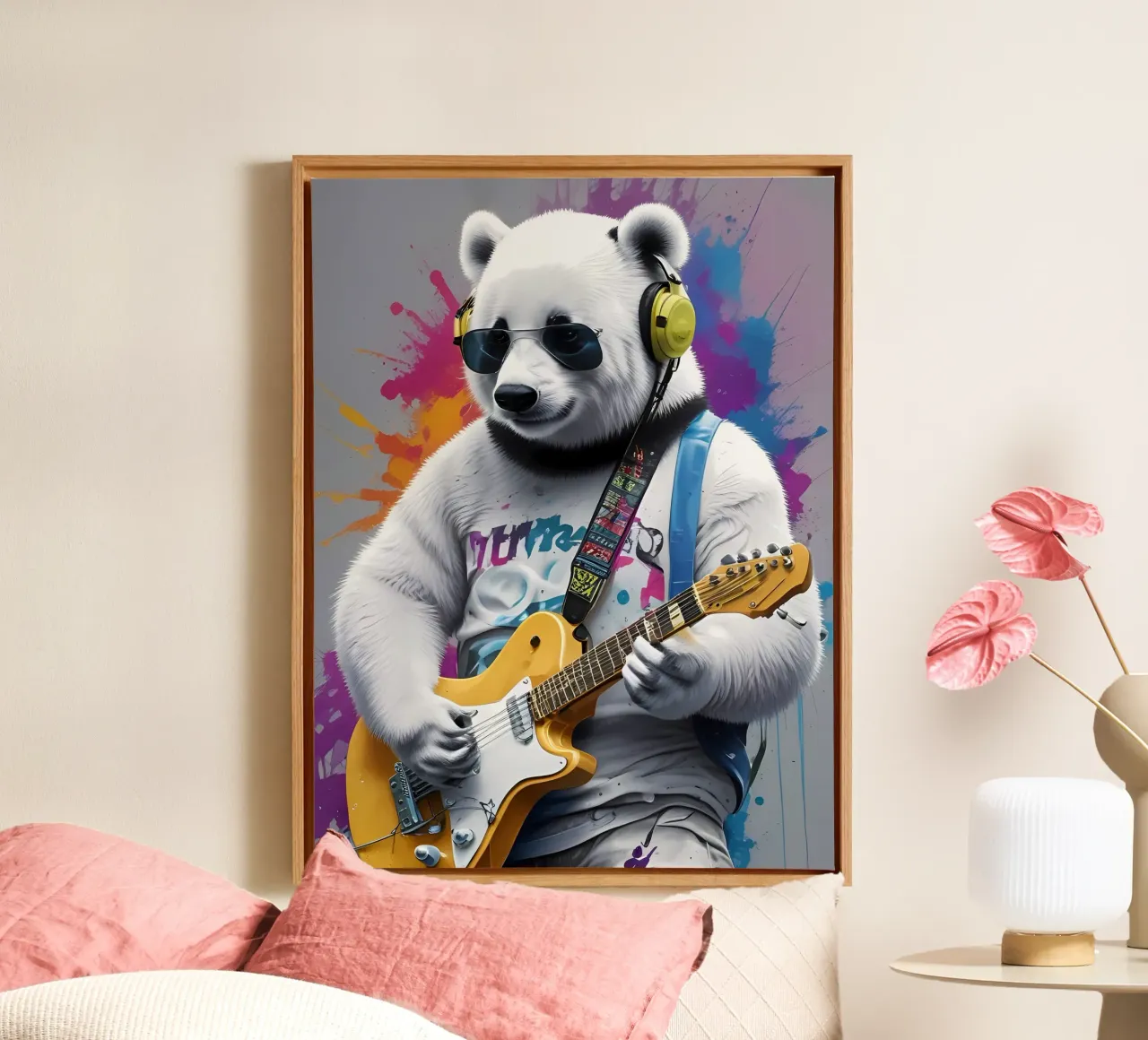 Panda spielt Gitarre Leinwand mit Schattenfugenrahmen von MakArena