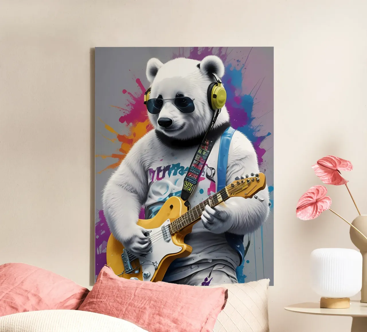 Panda spielt Gitarre Leinwand mit Schattenfugenrahmen von MakArena