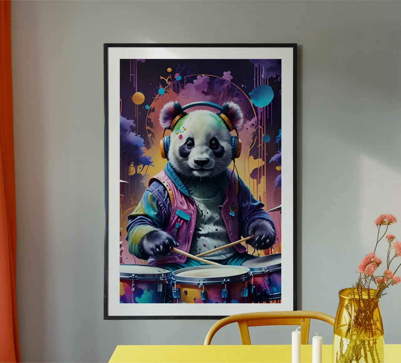 Panda suona la batteria poster con telaio in alluminio da PosterOK